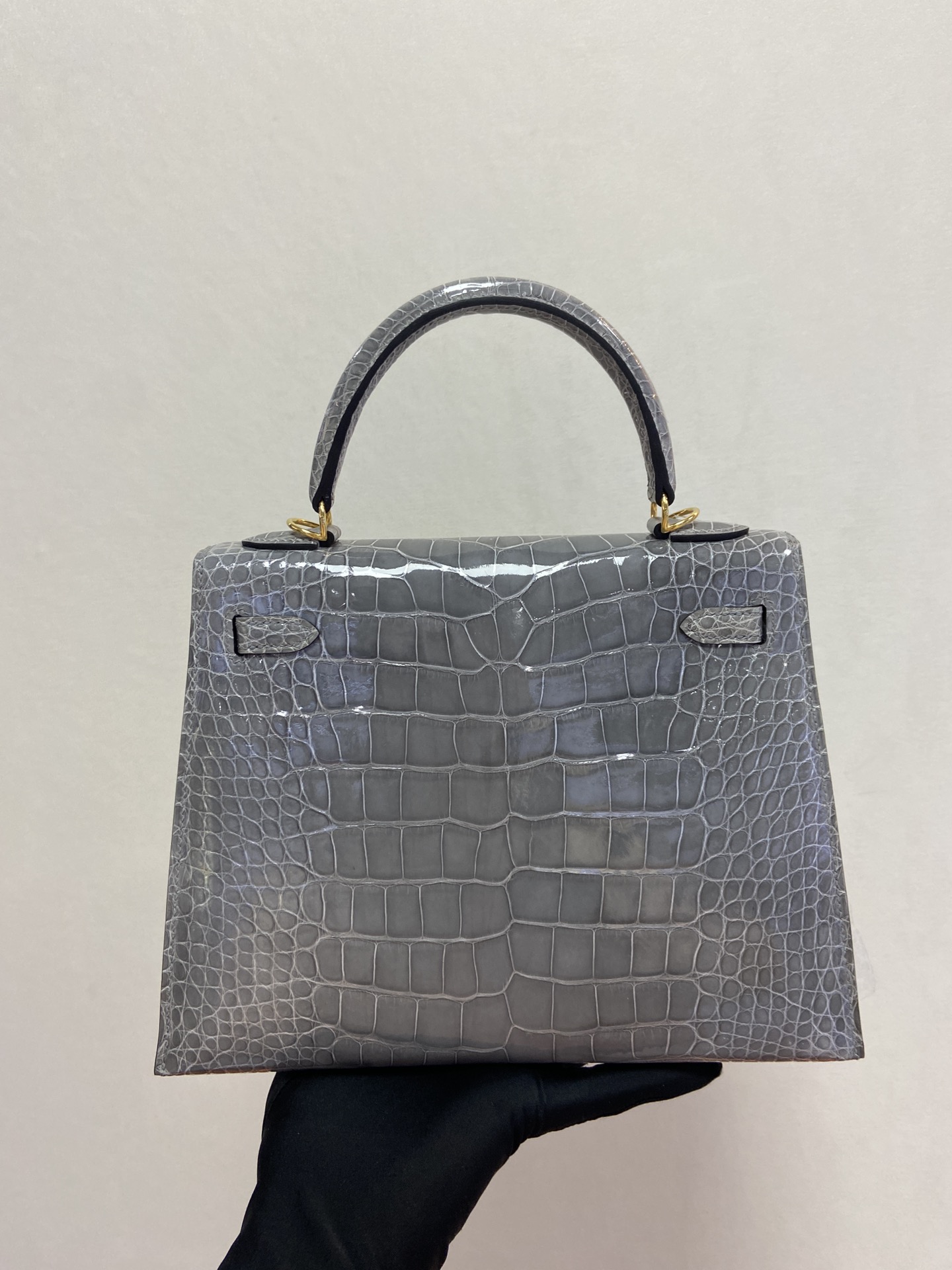 Hermes Kelly 25cm Handbag Shoulder Bag In Grey Etain Shiny Crocodile Niloticus Leather